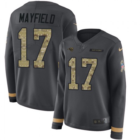 Nike Rams #17 Baker Mayfield Anthracite Salute to Service Women's Stitched NFL Limited Therma Long Sleeve Jersey