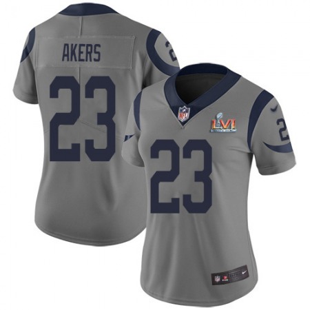 Nike Rams #23 Cam Akers Gray Super Bowl LVI Patch Women's Stitched NFL Limited Inverted Legend Jersey