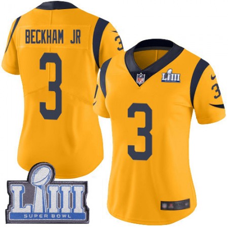 Nike Rams #3 Odell Beckham Jr. Gold Super Bowl LIII Bound Women's Stitched NFL Limited Rush Jersey