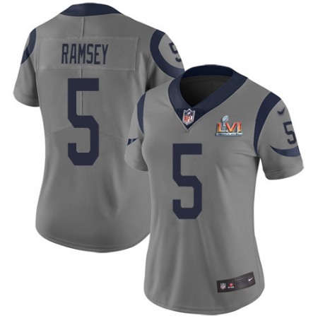 Nike Rams #5 Jalen Ramsey Gray Super Bowl LVI Patch Women's Stitched NFL Limited Inverted Legend Jersey