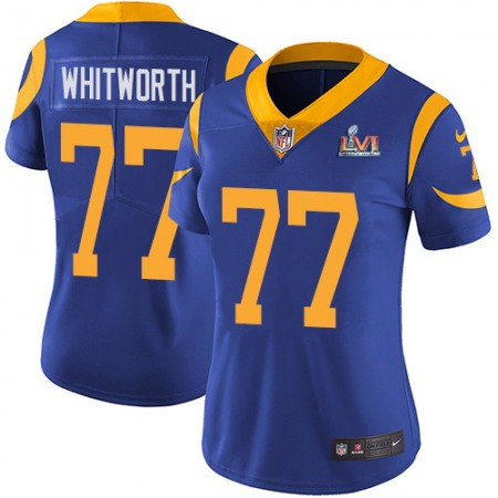Nike Rams #77 Andrew Whitworth Royal Blue Alternate Super Bowl LVI Patch Women's Stitched NFL Vapor Untouchable Limited Jersey