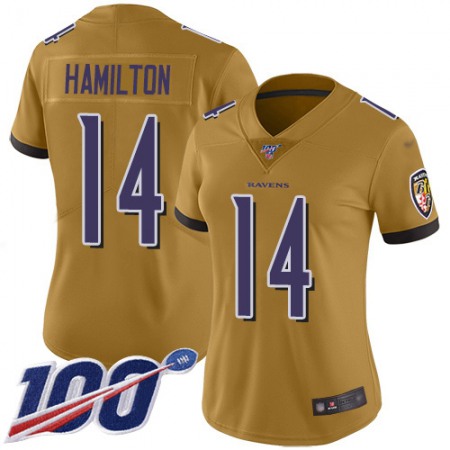 Nike Ravens #14 Kyle Hamilton Gold Women's Stitched NFL Limited Inverted Legend 100th Season Jersey