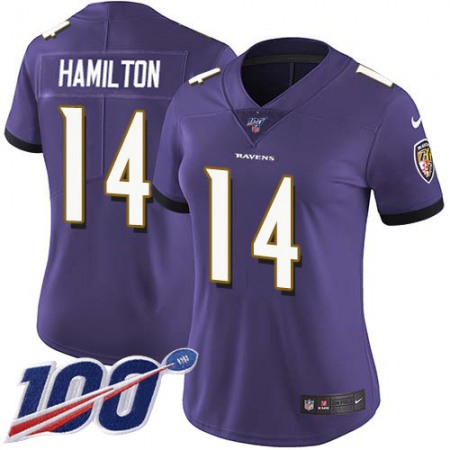 Nike Ravens #14 Kyle Hamilton Purple Team Color Women's Stitched NFL 100th Season Vapor Untouchable Limited Jersey