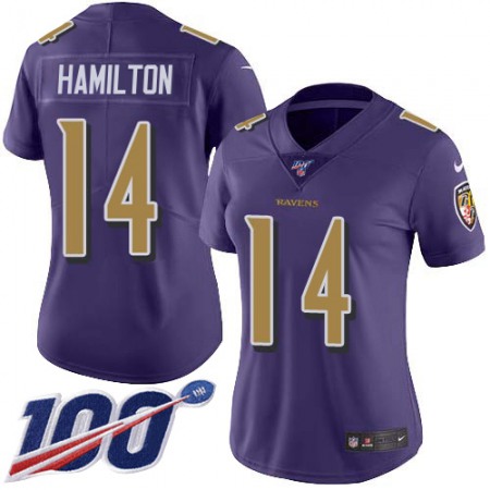 Nike Ravens #14 Kyle Hamilton Purple Women's Stitched NFL Limited Rush 100th Season Jersey