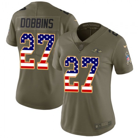 Nike Ravens #27 J.K. Dobbins Olive/USA Flag Women's Stitched NFL Limited 2017 Salute To Service Jersey