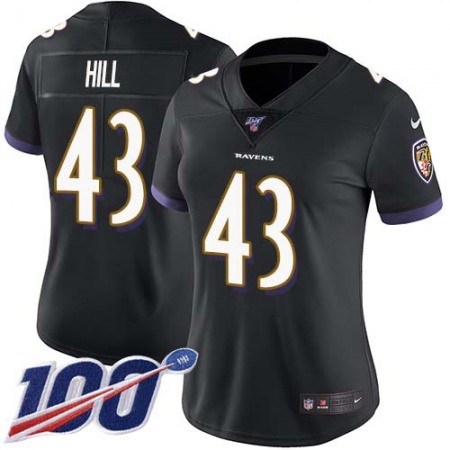 Nike Ravens #43 Justice Hill Black Alternate Women's Stitched NFL 100th Season Vapor Untouchable Limited Jersey