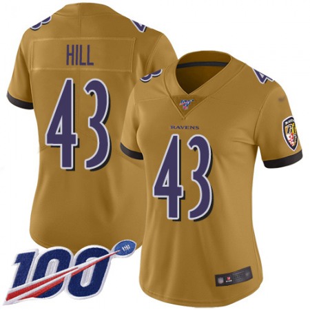 Nike Ravens #43 Justice Hill Gold Women's Stitched NFL Limited Inverted Legend 100th Season Jersey