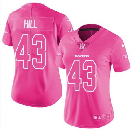 Nike Ravens #43 Justice Hill Pink Women's Stitched NFL Limited Rush Fashion Jersey
