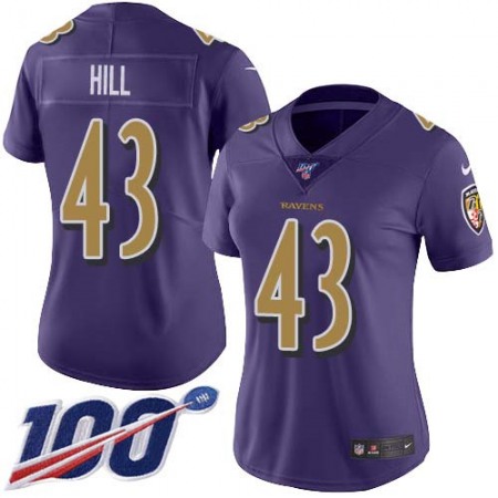 Nike Ravens #43 Justice Hill Purple Women's Stitched NFL Limited Rush 100th Season Jersey