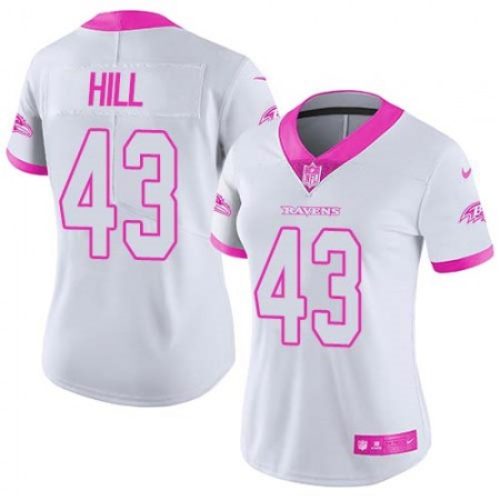 Nike Ravens #43 Justice Hill White/Pink Women's Stitched NFL Limited Rush Fashion Jersey