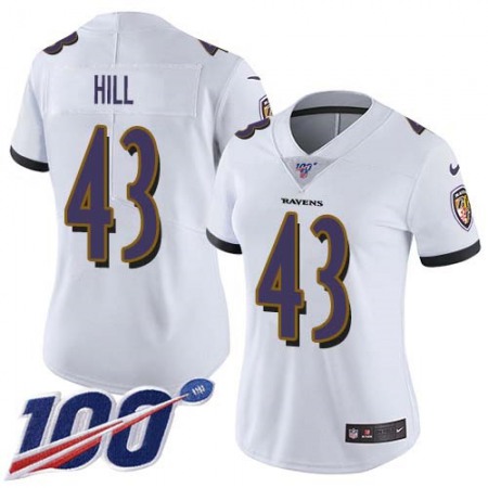 Nike Ravens #43 Justice Hill White Women's Stitched NFL 100th Season Vapor Untouchable Limited Jersey