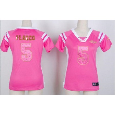 Nike Ravens #5 Joe Flacco Pink Women's Stitched NFL Elite Draft Him Shimmer Jersey