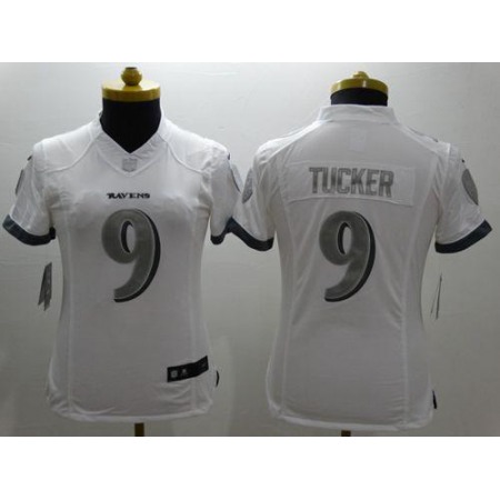 Nike Ravens #9 Justin Tucker White Women's Stitched NFL Limited Platinum Jersey