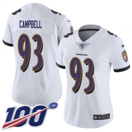 Nike Ravens #93 Calais Campbell White Women's Stitched NFL 100th Season Vapor Untouchable Limited Jersey