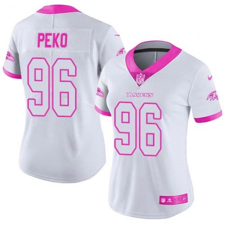 Nike Ravens #96 Domata Peko Sr White/Pink Women's Stitched NFL Limited Rush Fashion Jersey