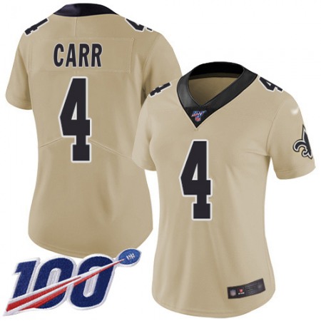 Nike Saints #4 Derek Carr Gold Women's Stitched NFL Limited Inverted Legend 100th Season Jersey