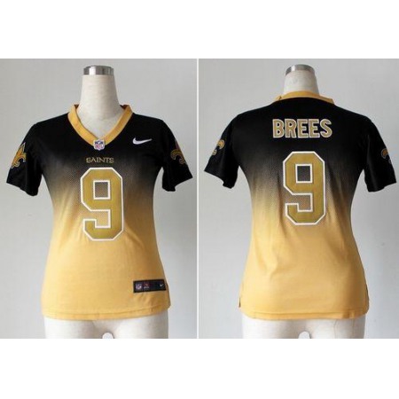 Nike Saints #9 Drew Brees Black/Gold Women's Stitched NFL Elite Fadeaway Fashion Jersey
