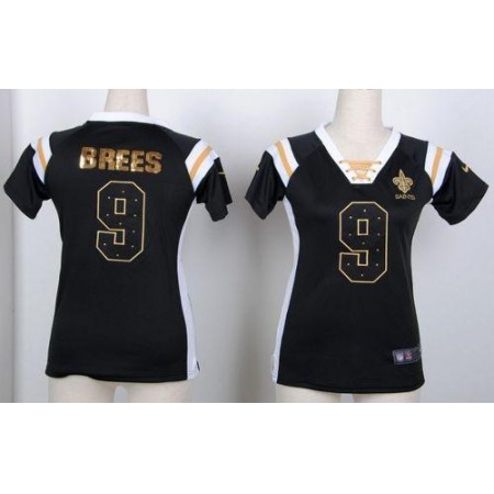 Nike Saints #9 Drew Brees Black Women's Stitched NFL Elite Draft Him Shimmer Jersey