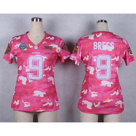 Nike Saints #9 Drew Brees Pink Women's Stitched NFL Elite Camo Fashion Jersey