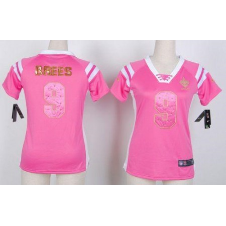 Nike Saints #9 Drew Brees Pink Women's Stitched NFL Elite Draft Him Shimmer Jersey