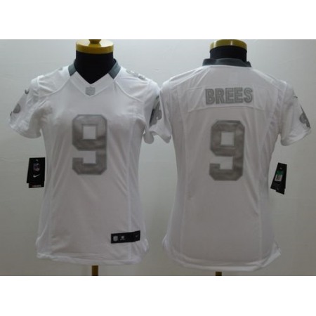Nike Saints #9 Drew Brees White Women's Stitched NFL Limited Platinum Jersey