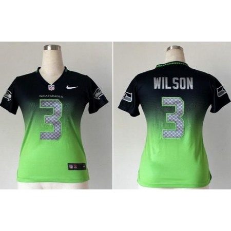 Nike Seahawks #3 Russell Wilson Steel Blue/Green Women's Stitched NFL Elite Fadeaway Fashion Jersey