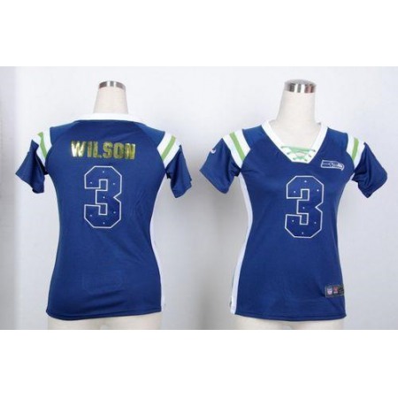 Nike Seahawks #3 Russell Wilson Steel Blue Women's Stitched NFL Elite Draft Him Shimmer Jersey
