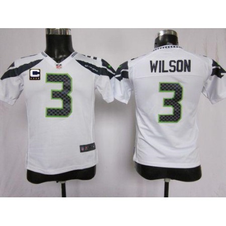 Nike Seahawks #3 Russell Wilson White With C Patch Youth Stitched NFL Elite Jersey