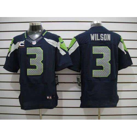 Nike Seahawks #3 Russell Wilson Steel Blue Team Color With C Patch Men's Stitched NFL Elite Jersey