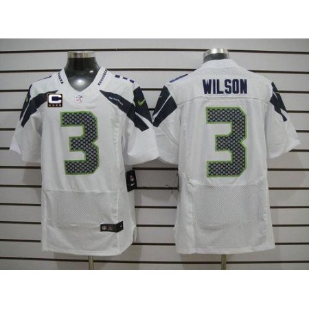 Nike Seahawks #3 Russell Wilson White With C Patch Men's Stitched NFL Elite Jersey