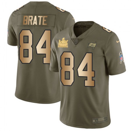 Nike Buccaneers #84 Cameron Brate Olive/Gold Men's Super Bowl LV Champions Patch Stitched NFL Limited 2017 Salute To Service Jersey