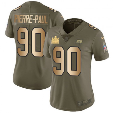 Nike Buccaneers #90 Jason Pierre-Paul Olive/Gold Women's Super Bowl LV Champions Patch Stitched NFL Limited 2017 Salute To Service Jersey